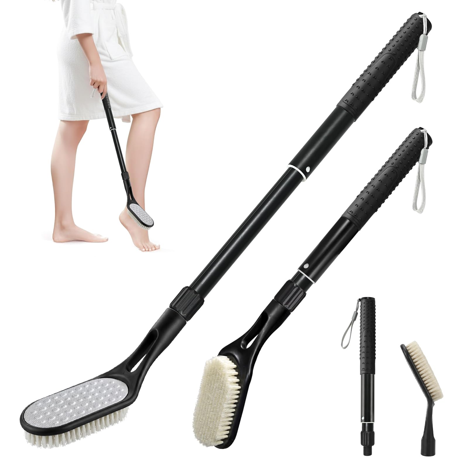 Long Handle Foot Scrubber for Shower, Extendable Foot Brush with Foot File 2 in 1 Dual Sided, Back Saving Foot Cleaner Brush for