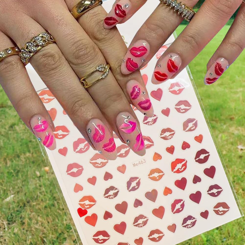 10Sheets Valentine'S Day Nail Art Stickers Sexy Lips Nail Decal 3D Valentine Self-Adhesive Red Lip Heart Love Nail Design Slider