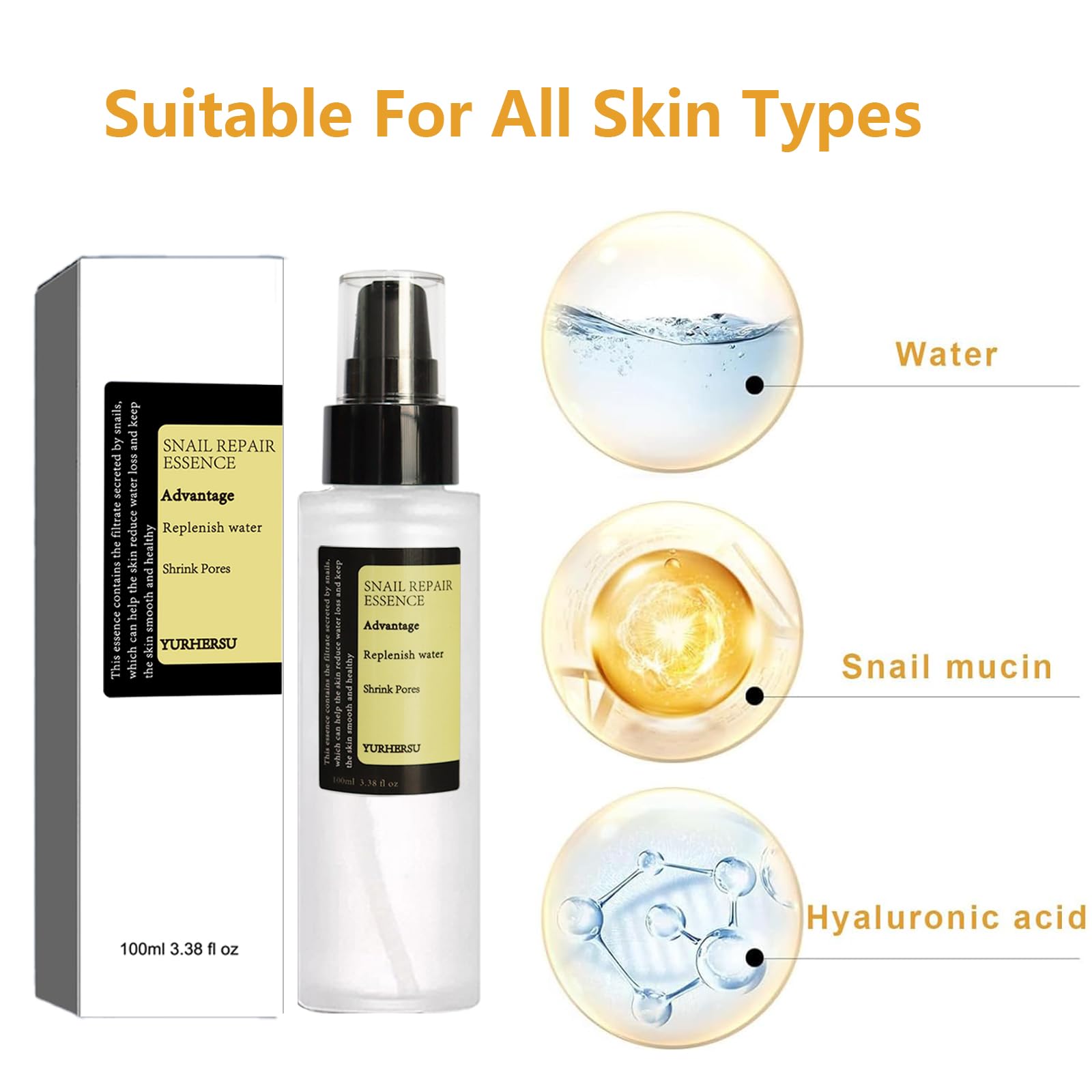 Snail Mucin Essence, With 96.3% Snail Secretion Filtrate, Power Repairing Serum For Fine Lines & Dull Skin & Acne, Replenish Wat
