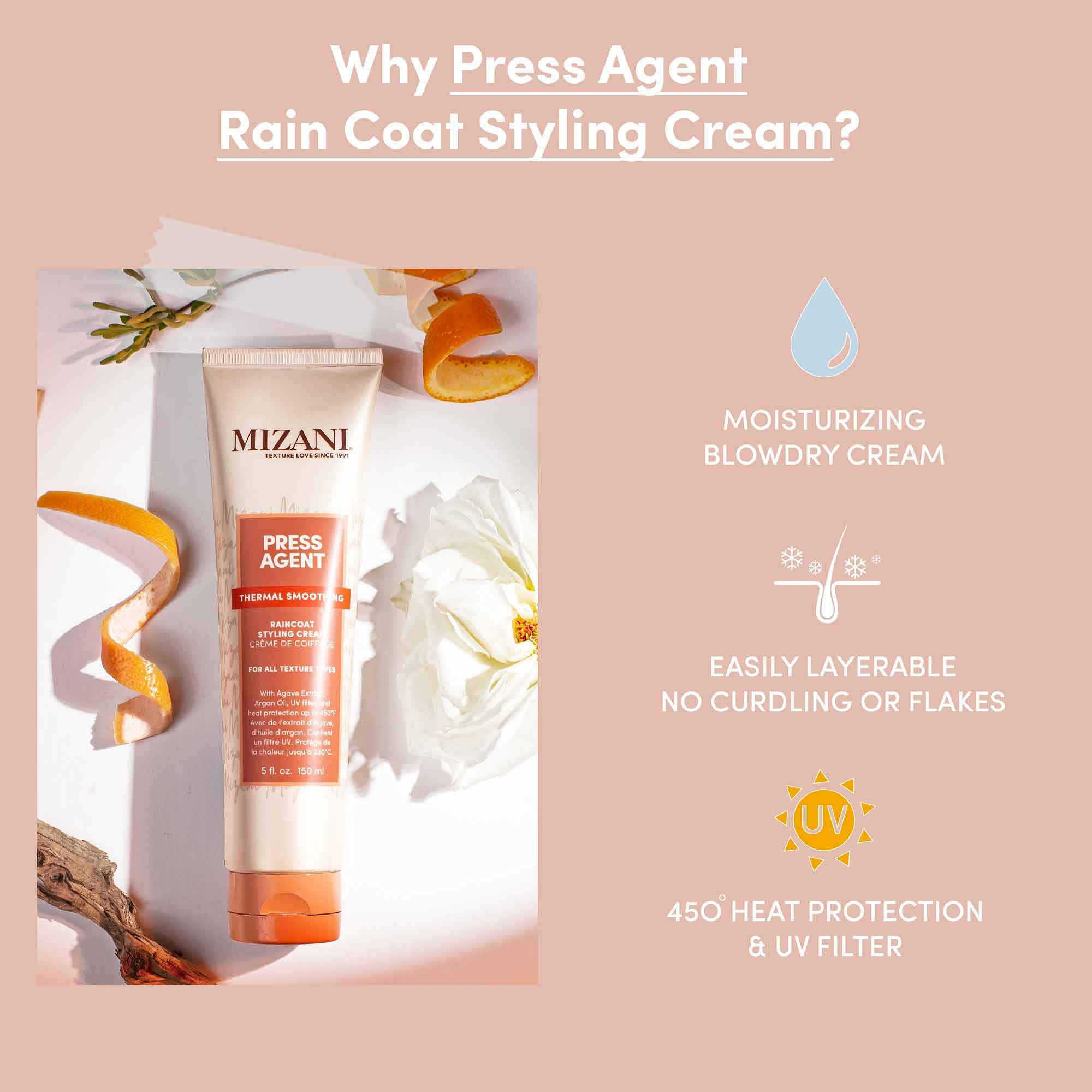 Mizani Press Agent Raincoat Styling Cream - Moisturizes & Protects Hair From Heat Styling & Blowouts, For Dry & Frizzy Hair, Wit