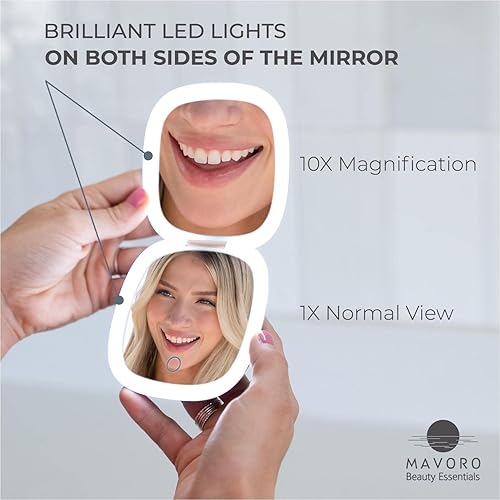 Mavoro LED Lighted Travel Makeup Mirror, Rechargeable, 1x/10x Magnification - Daylight LED, Pocket or Purse Mirror, Small Travel