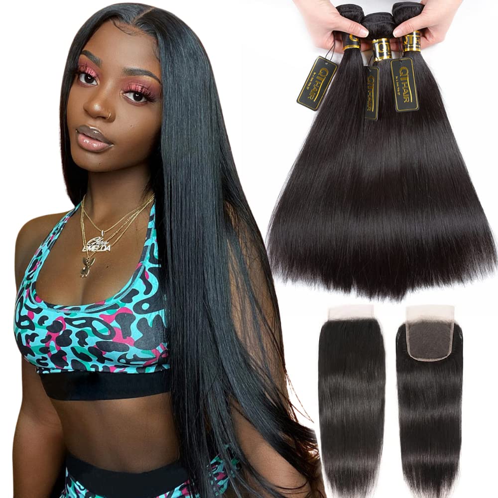 Qthair 14A Virgin Hair Straight Human Hair With Lace Closure (16 18 20+14) 100% Unprocessed Straight Brazilian Virgin Hair Weave