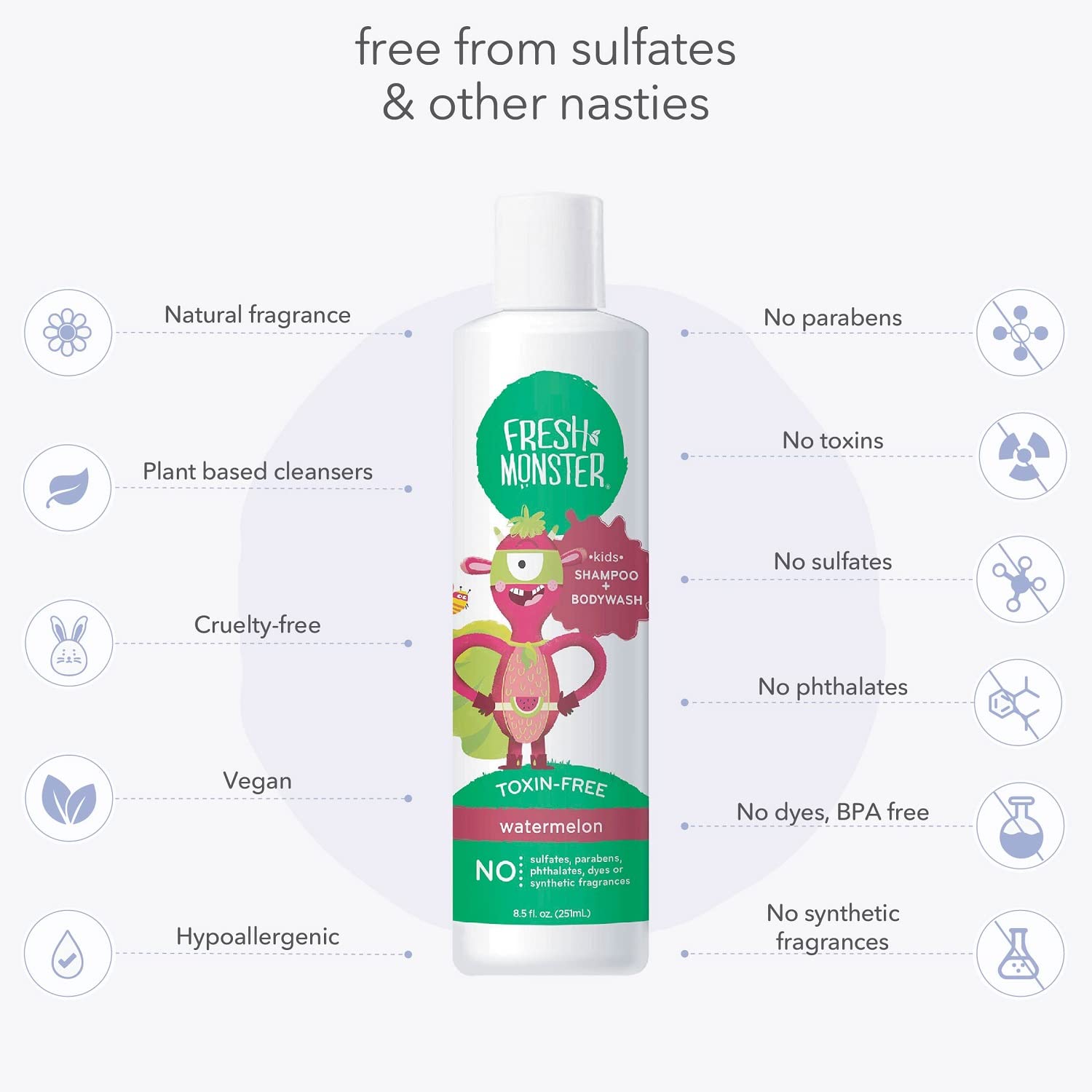 Fresh Monster 2-In-1 Kids Shampoo & Body Wash, Toxin-Free, Hypoallergenic, Natural Shampoo & Body Wash For Kids, Watermelon (2 P