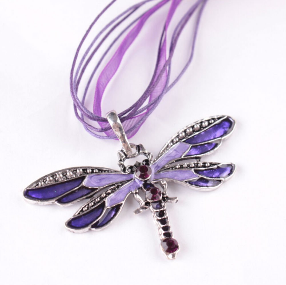 AKOAK Fashion Creative Bohemian Jewelry Ethnic Multi-layer Chain Colorful Enamel Dragonfly Pendant Necklace?Purple?