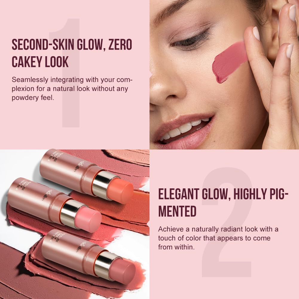 Multi-Use Makeup Cream Blush Stick, Unidollss 3-In-1 Buildable Contour Bronzer Blush Stick, Hydrating Formula, All Day Wear, Eas
