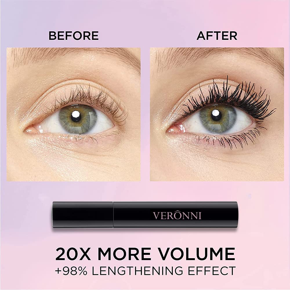 Veronni Black Waterproof Mascara,Curlingthick Lengthening Eyelash Mascara,Lifts And Extends Lash Length,Clump Resistant,Non-Smud