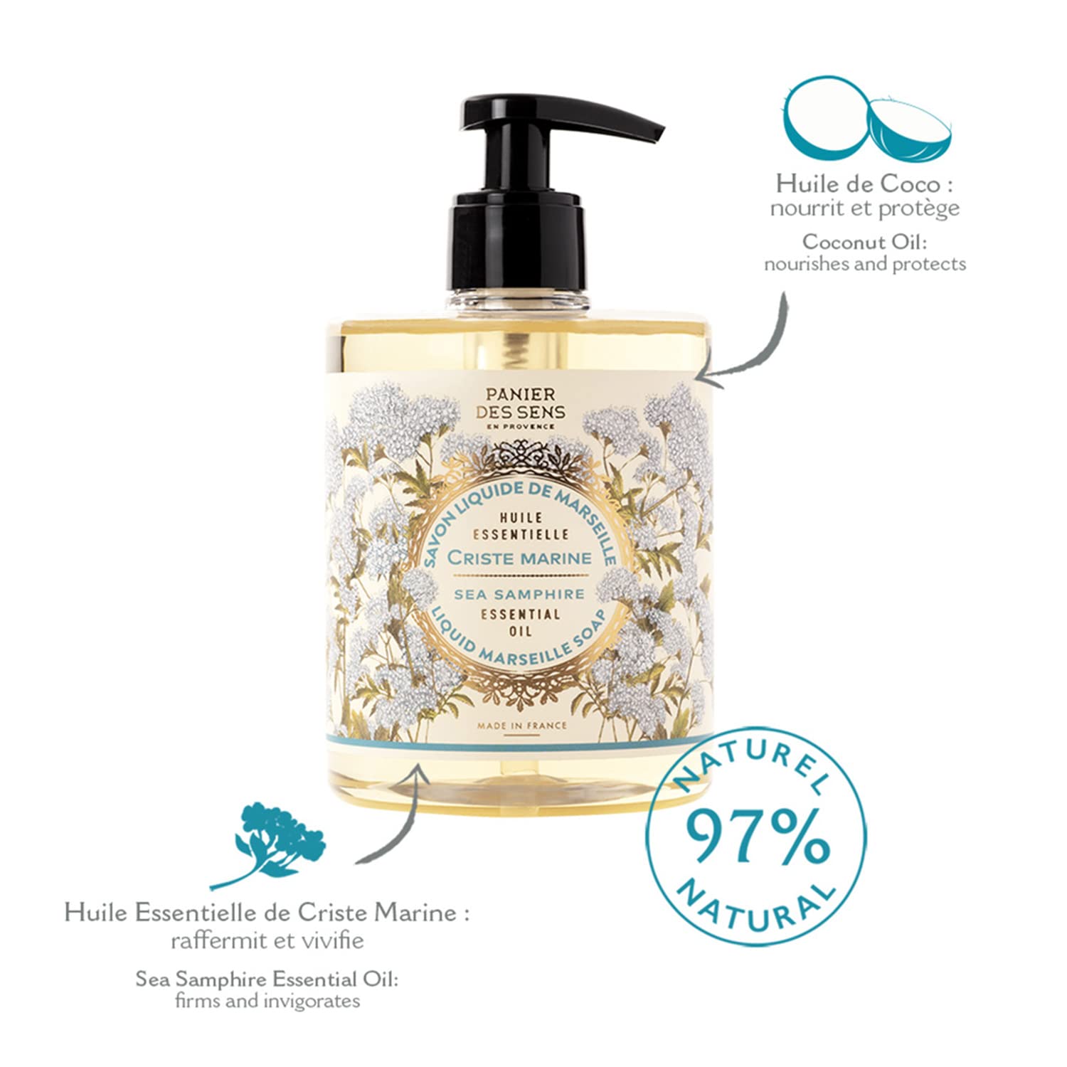 Panier Des Sens - Marseille Liquid Hand Soap - Sea Samphire Hand Wash - Moisturizing Soap With Coconut Oil - Bathroom & Kitchen