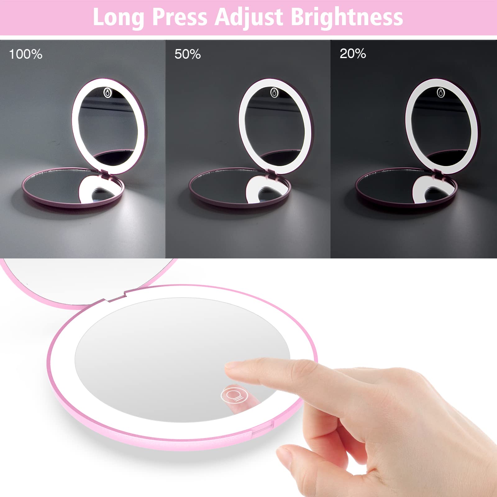 Wobsion Compact Magnifying Mirror,Rechargeable 1X/10X Magnification Travel Mirror With Light,Small Makeup Mirror,Pocket Mirror F