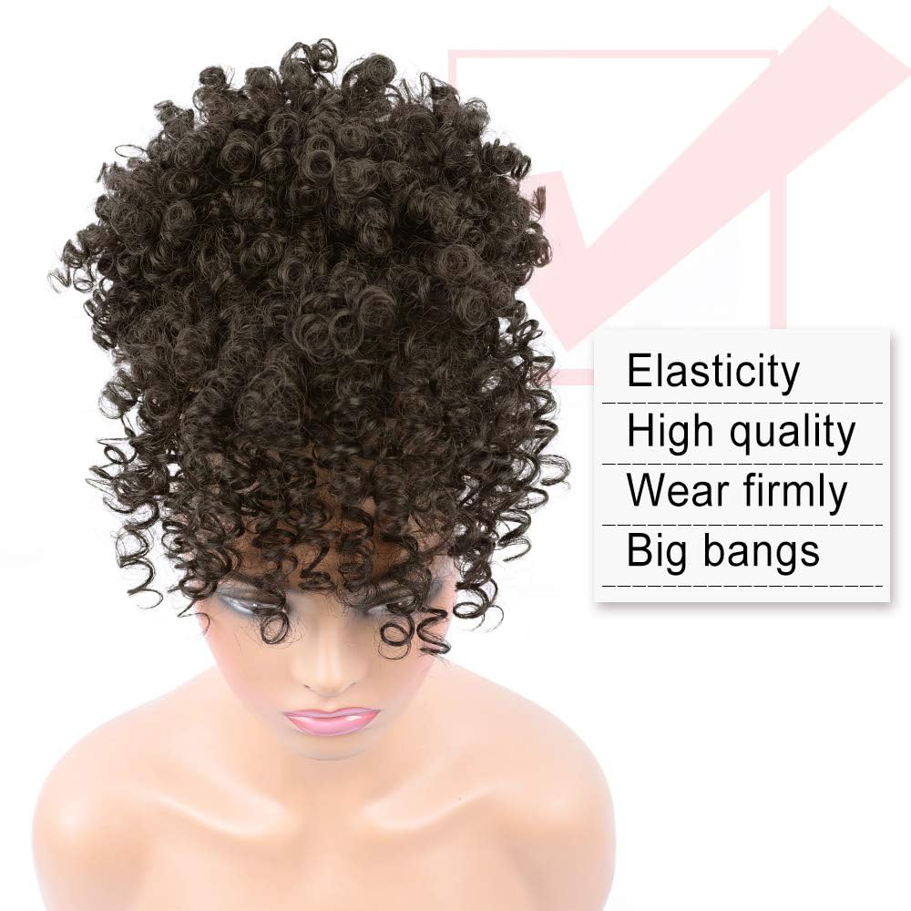 Entranced Styles Drawstring Ponytail With Bangs Afro Puff Extensions For Women Short Curly Clip In Wrap Updo Hairpiece(2B)