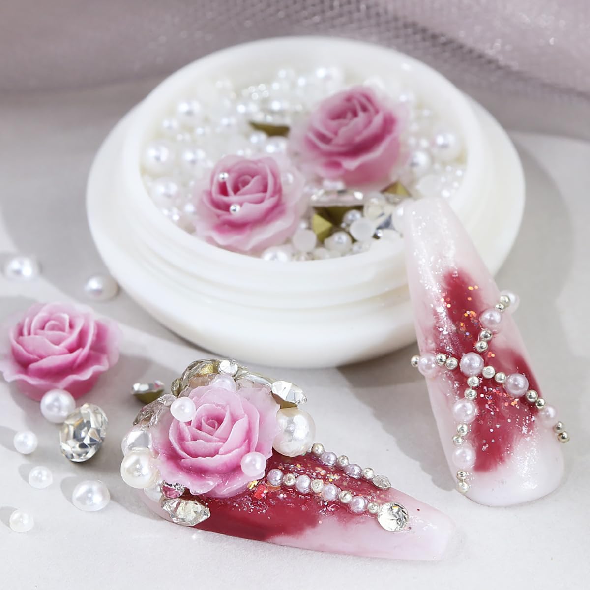 Valentine 3D Rose Flower Nail Art Charms, Pink Rose Flowers Nail Ornaments Sparkle Nail Art Rhinestones Diamond Mix White Pearls