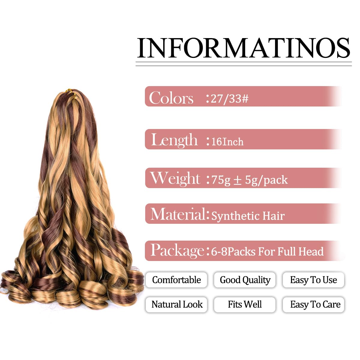 French Curly Braiding Hair,16Inch 8Pack Loose Wavy Bouncy Braiding Hair Extensions P27/33 75G/Pack French Curls Synthetic Hair E