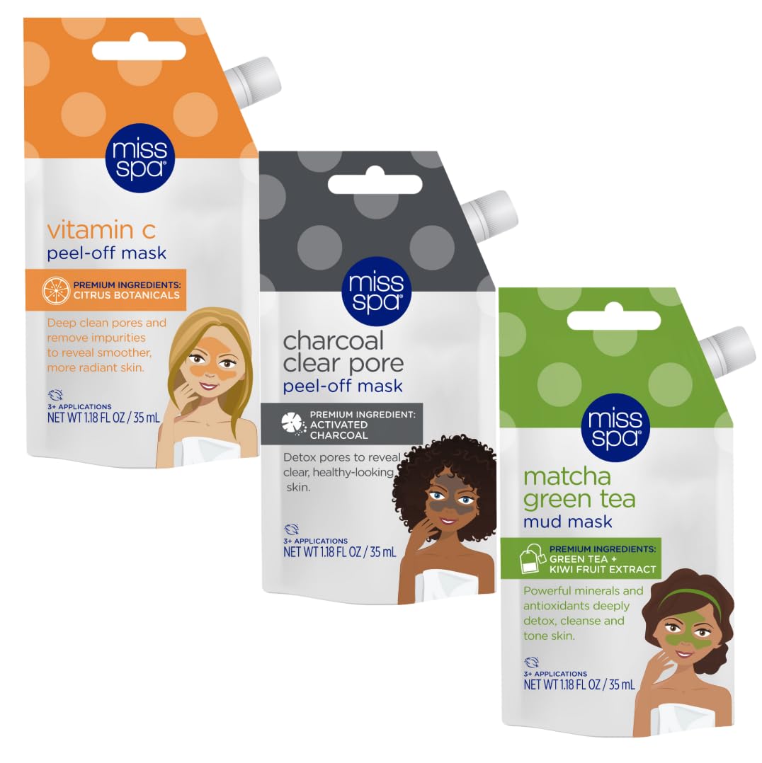 MISS SPA Facial Mask Trio Vitamin C PeelOff, Charcoal Clear Pore PeelOff & Matcha Green Tea Mud Mask Exfoliates, Detoxifies, B