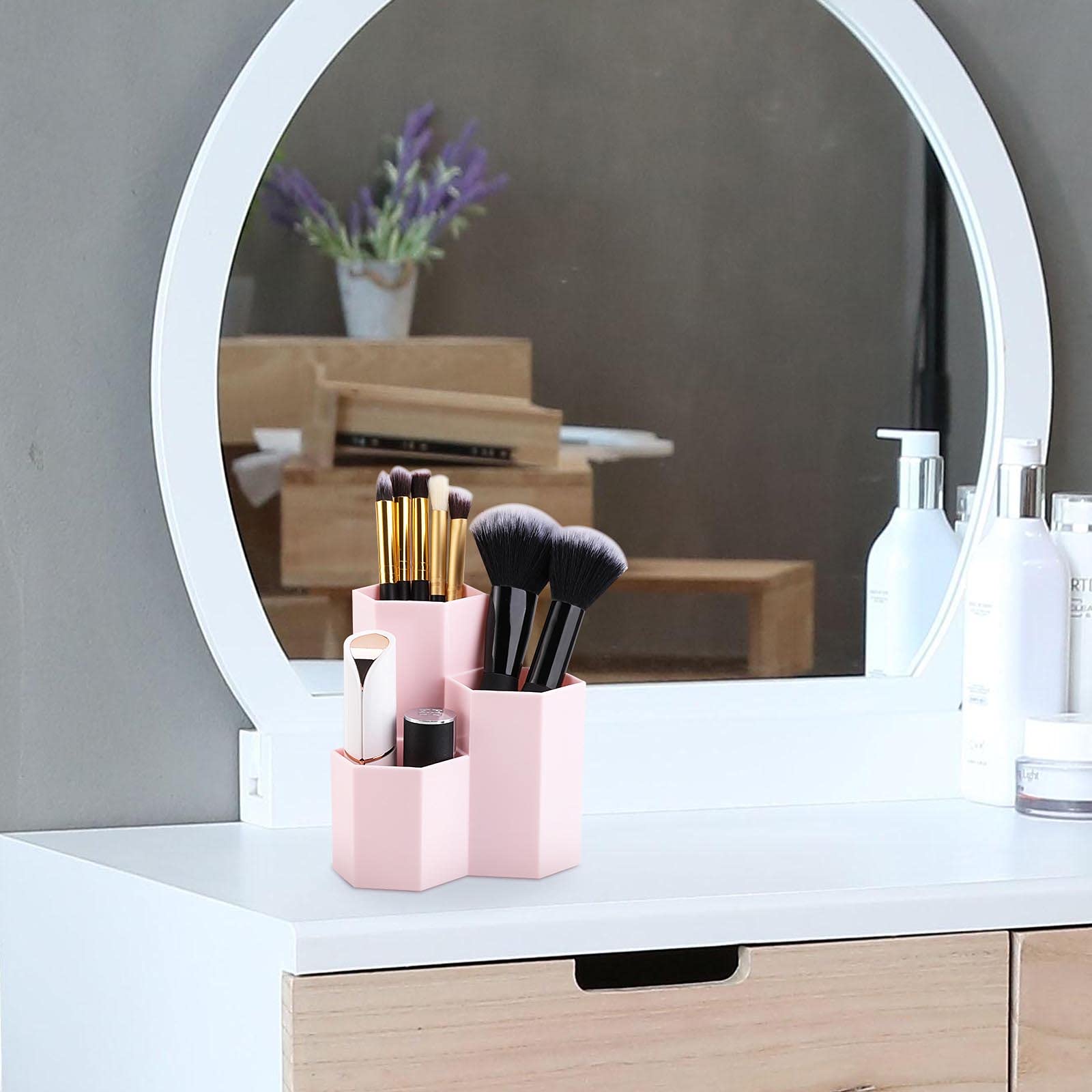 Lovebb Makeup Brush Holder Organizer, 3 Slot Plastic Cosmetics Brushes Pen Storage Solution, Pink