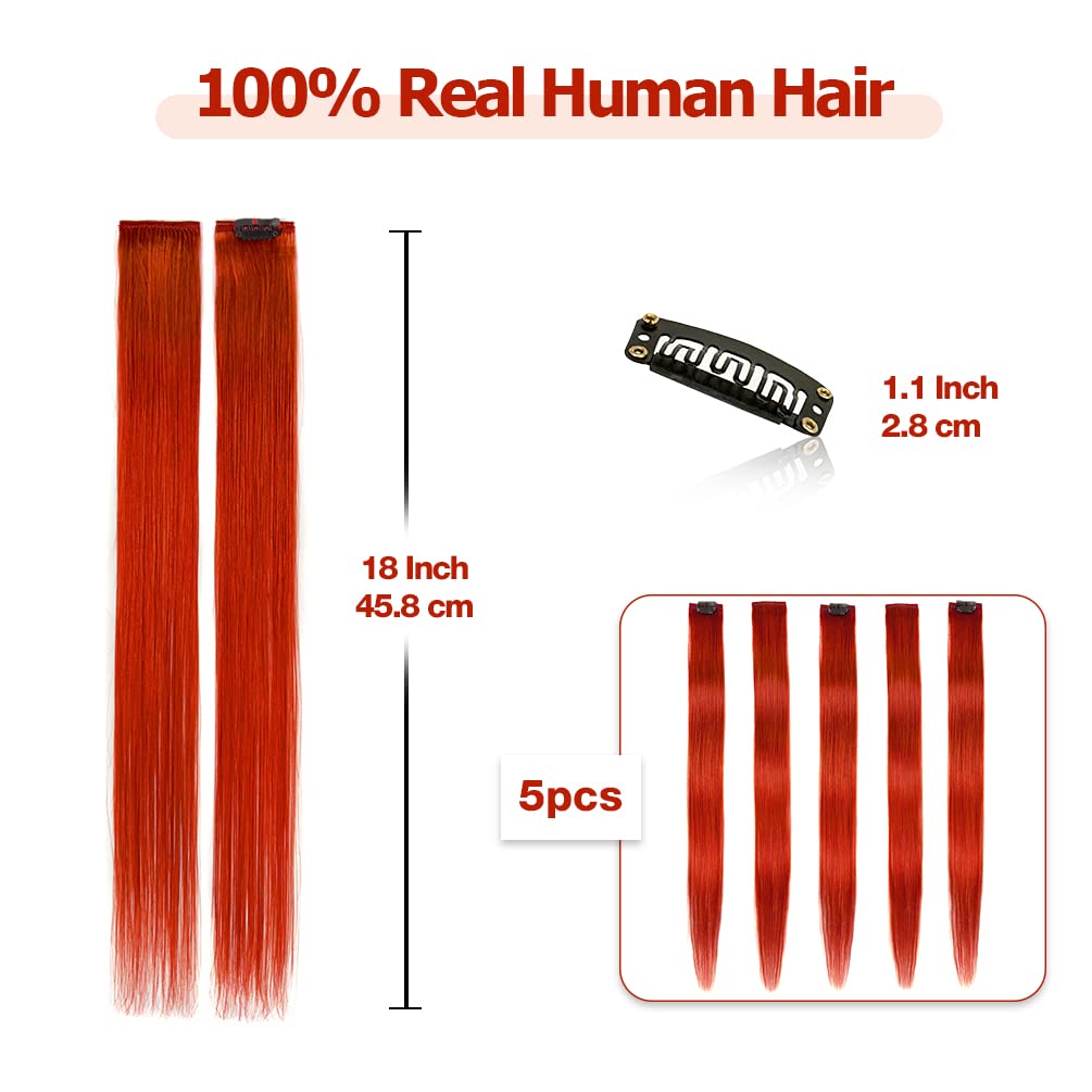 Winsky Orange-Red Hair Extensions Girls Clip In Human Hair - 100% Straight Party Highlights Clip On Colored Hair Extensions 5 Pi