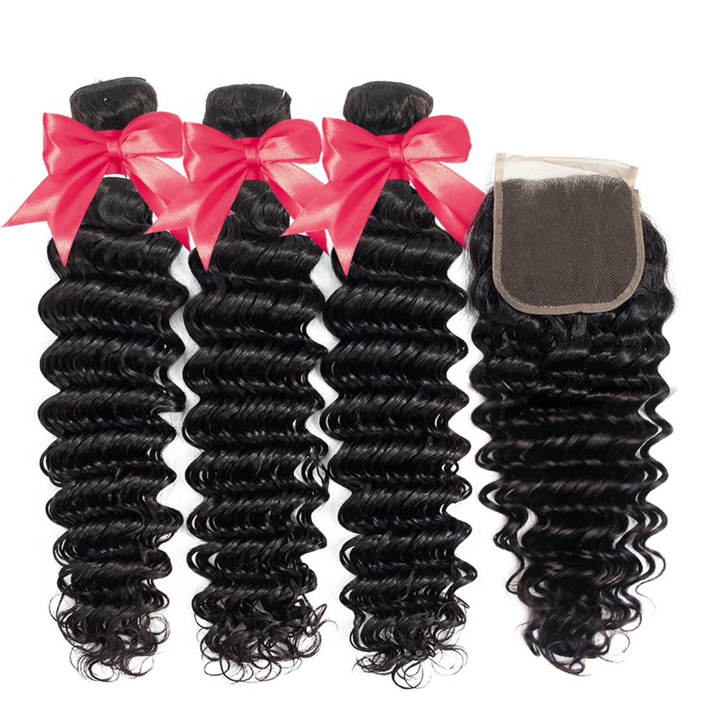 Brazilian Deep Wave Bundles with Closure (14 16 18+12 Closure) 12A 100% Unprocessed Virgin Deep Curly Weave Human Hair Bundles w