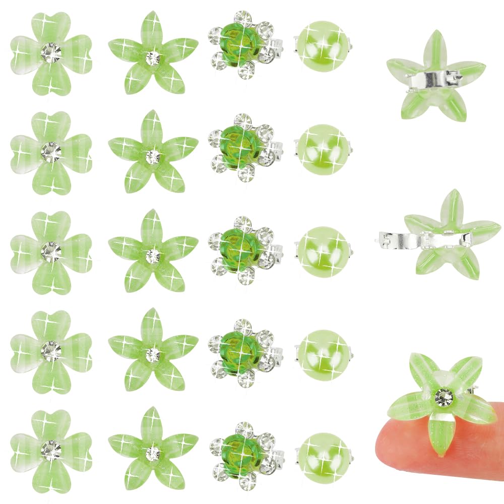 Ahoney 20Pcs Mini Clips for Hair Green Flower Hair Clips with Rhinestone Cute Hair Pins Decorations Hair Clips for Hair Barrette