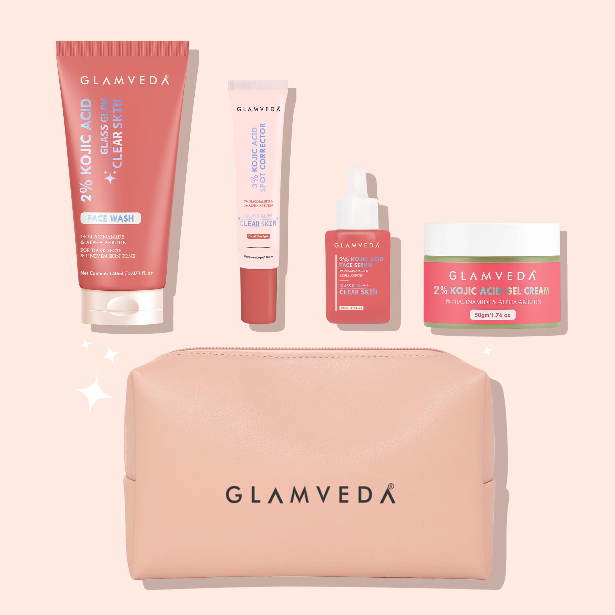 Glamveda 2% Kojic Acid 4 Step Skincare Set With Pouch  Facewash, Spot Corrector, Serum & Cream | Remove Dark Spots, Pigmentatio