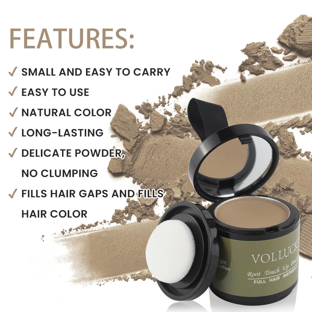 Volluck Root Touch Up Hair Shadow Powder For Women & Men - Light Coffee Shade, 0.35 Ounce, Concealer For Hairline, Bald Spots An