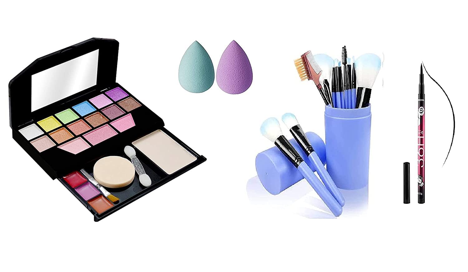 Datnasayad 5024 Makeup Kit With 12Pcs Blue Makeup Brushes Set, 1 36H Eyeliner With 2 Multicolour Beauty Blenders For Women And G