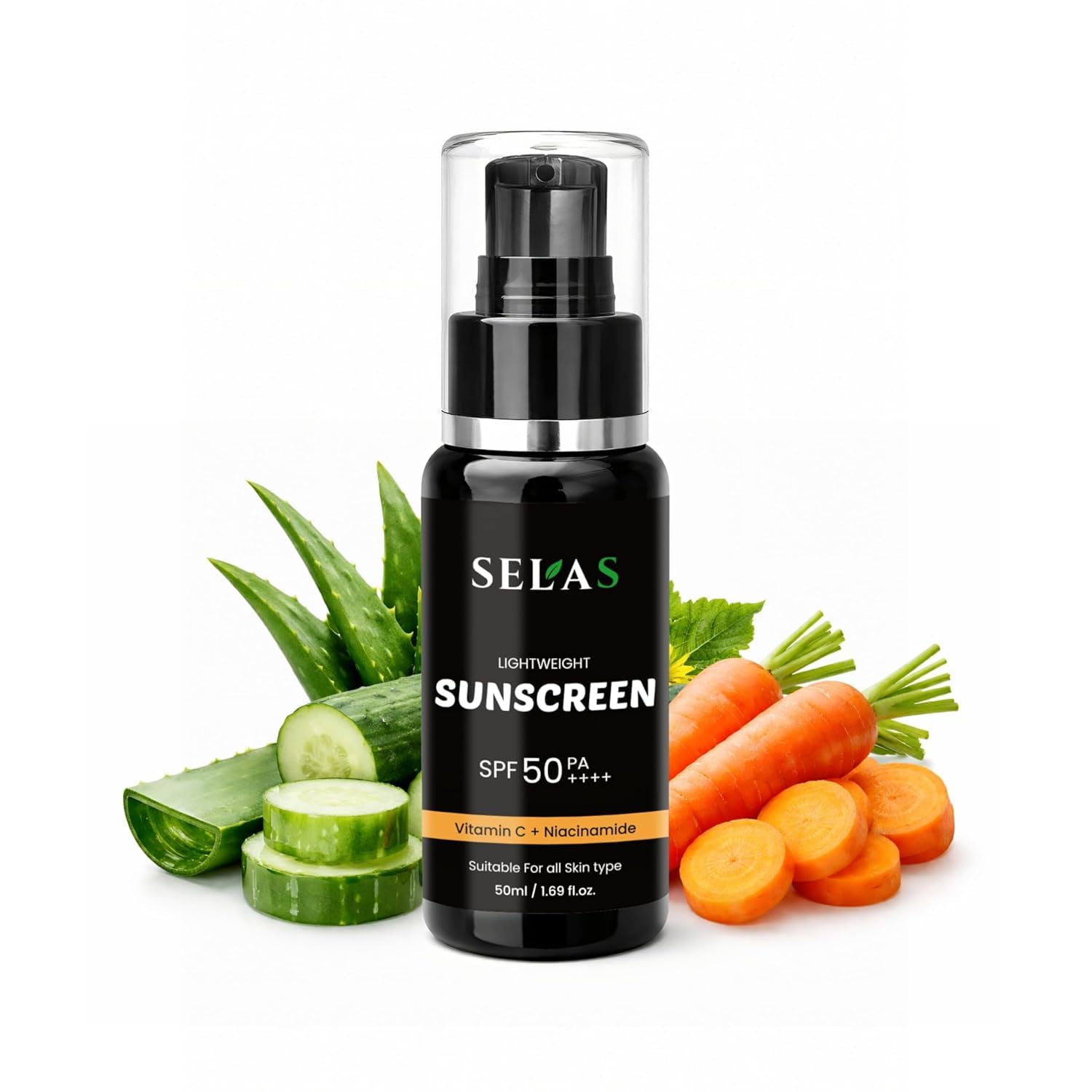 SELAS Lightweight Sunscreen SPF 50 PA++++, with Vitamin C and Niacinamide, Suitable for All Skin Types, 50ml (PACK OF 1)
