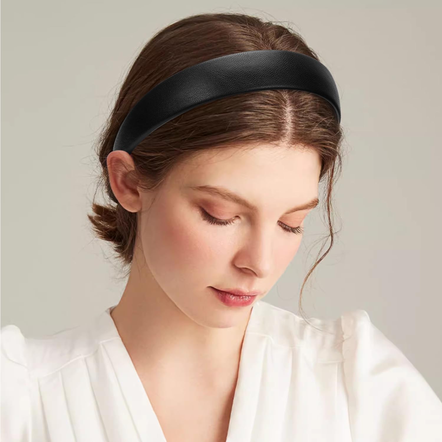 WantGor 1 Inch PU Leather Headband, Wide Padded Hairband Fashion Hair Bands Cute Womens Headbands Holiday DIY Hair Accessories (