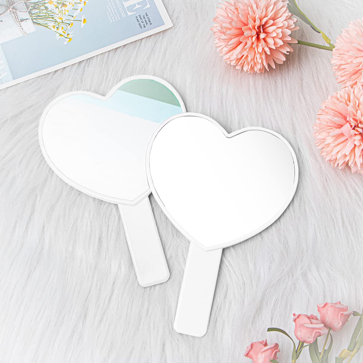 Topyhl 2Pcs Heart-Shaped Makeup Hand Mirror,Travel Handheld Mirror Portable Personal Cosmetic Mirror With Handle (White)