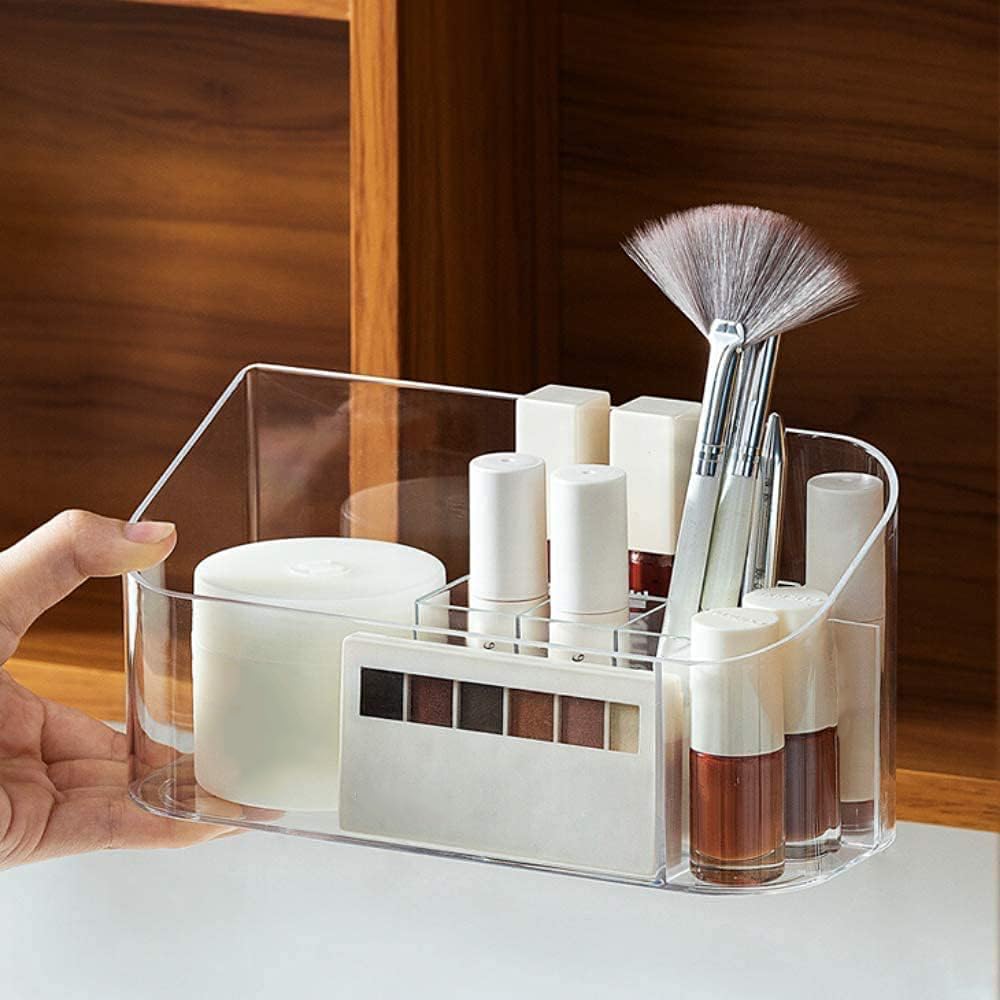 Linfidite Makeup Organizer Tray Bathroom Cabinet Cosmetic Storage Tray With 9 Compartments 2 Removable Dividers Lipgloss Organiz