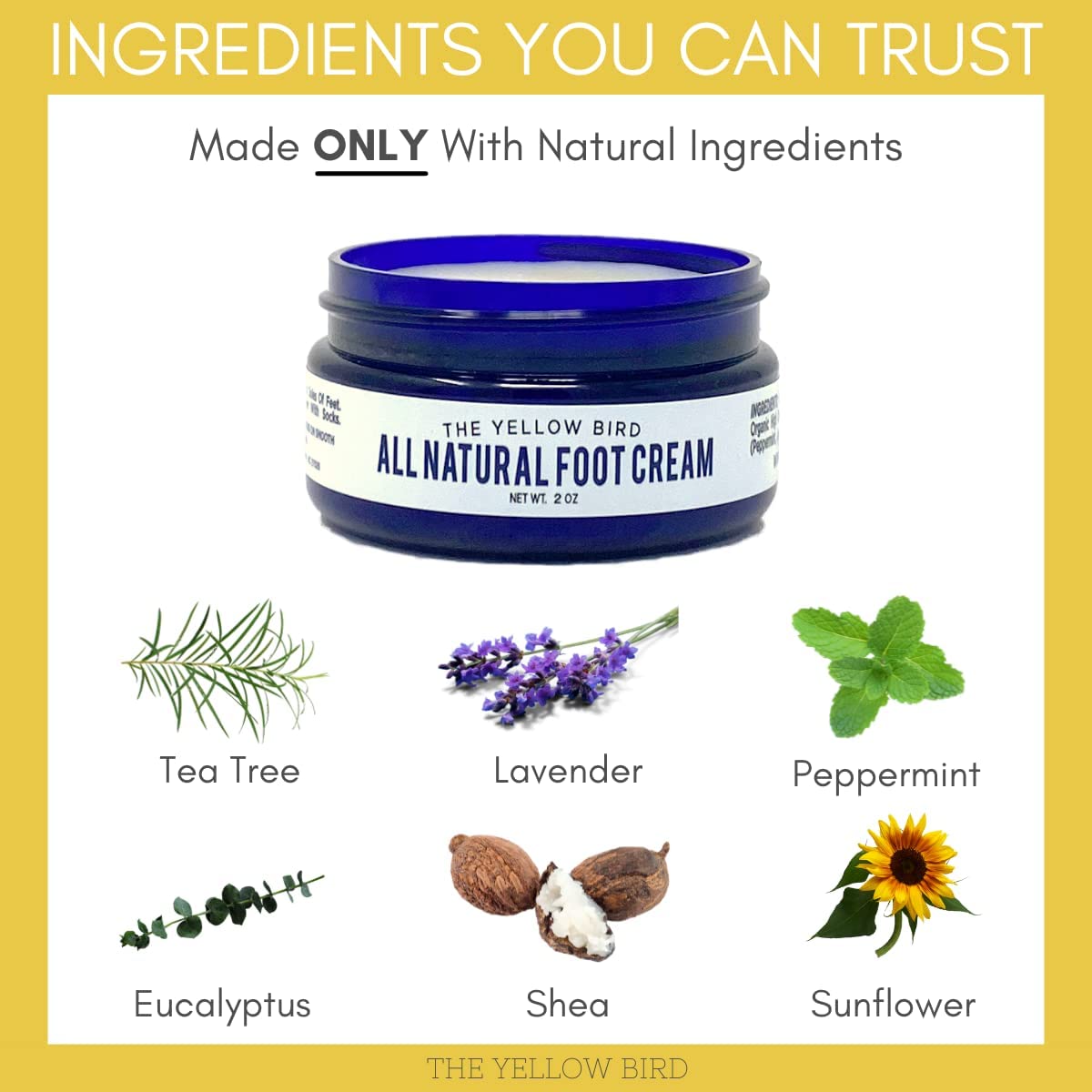 Yellow Bird Foot Cream - Hydrating Tea Tree Oil Foot Balm with Essential Oils. Natural Athletes Foot Treatment. Moisturizing Cra