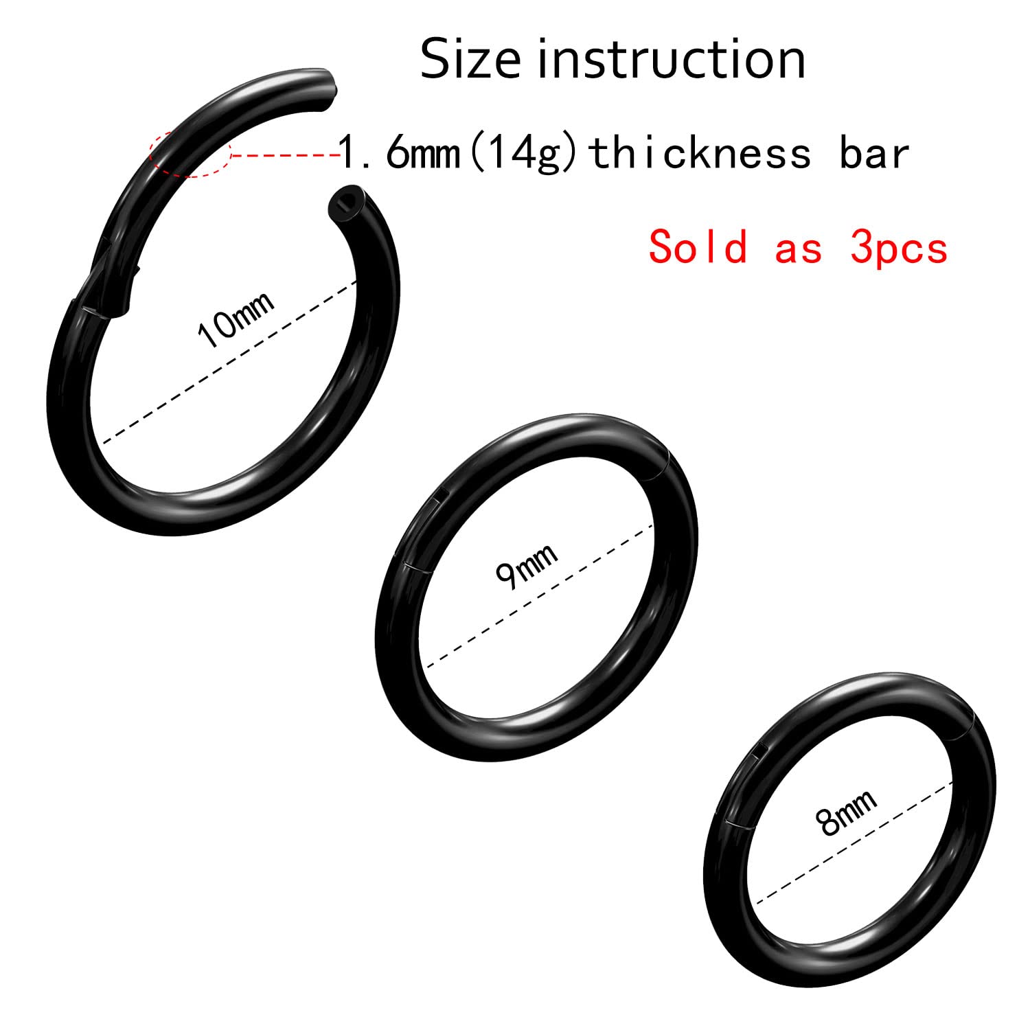 NewkeepsR 3PCS-1.6mm Black Anodised Hinged Clicker Nose Hoop Rings, 14 Gauge 316L Steel Seamless Segment Sleeper Earrings Pierci