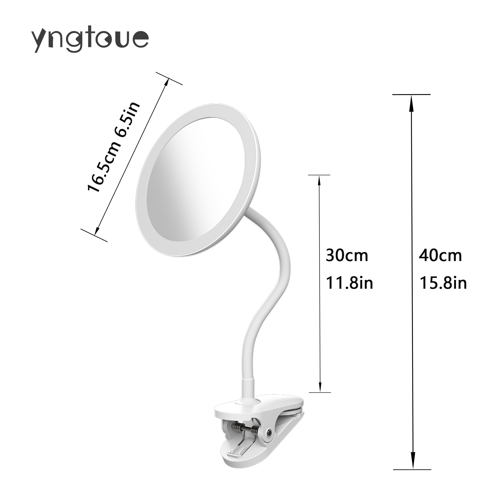 yngtoue 6.5" Clip-on Vanity Makeup Mirror with Light, 5X Magnification, USB Rechargeable, White, Model T03