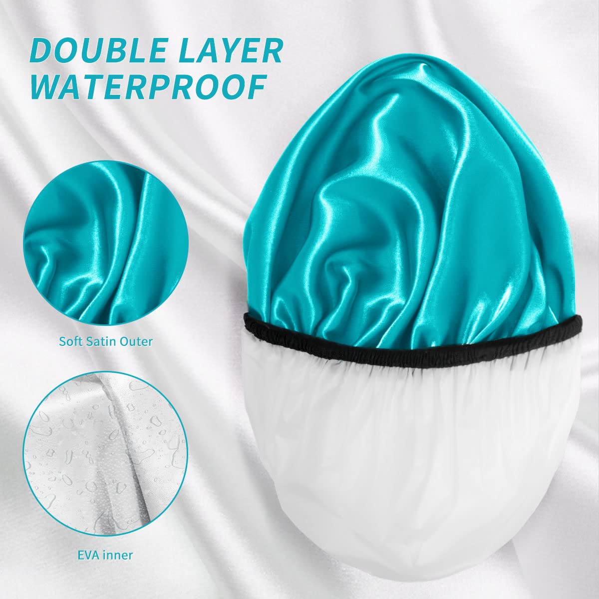 Aquior Shower Cap For Women Reusable, Extra Large Shower Cap For Men,Satin Eva Double Layer Waterproof Hair Cap For Long Hair, 4