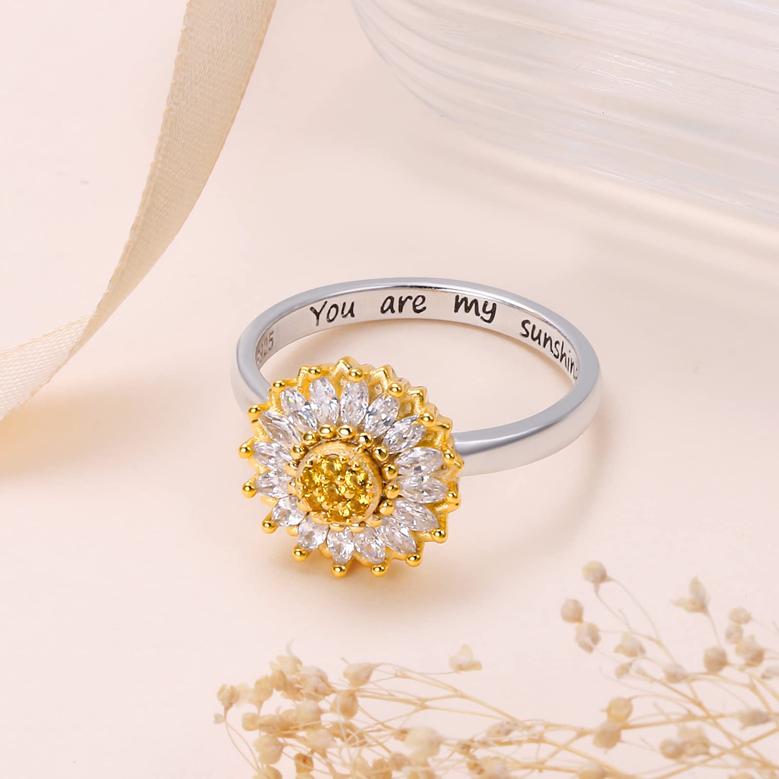 S925 Sterling Silver Anxiety Fidget Spinner Rings for Women Sunflower You are My Sunshine Stress Relieving Boredom Jewelry Gifts