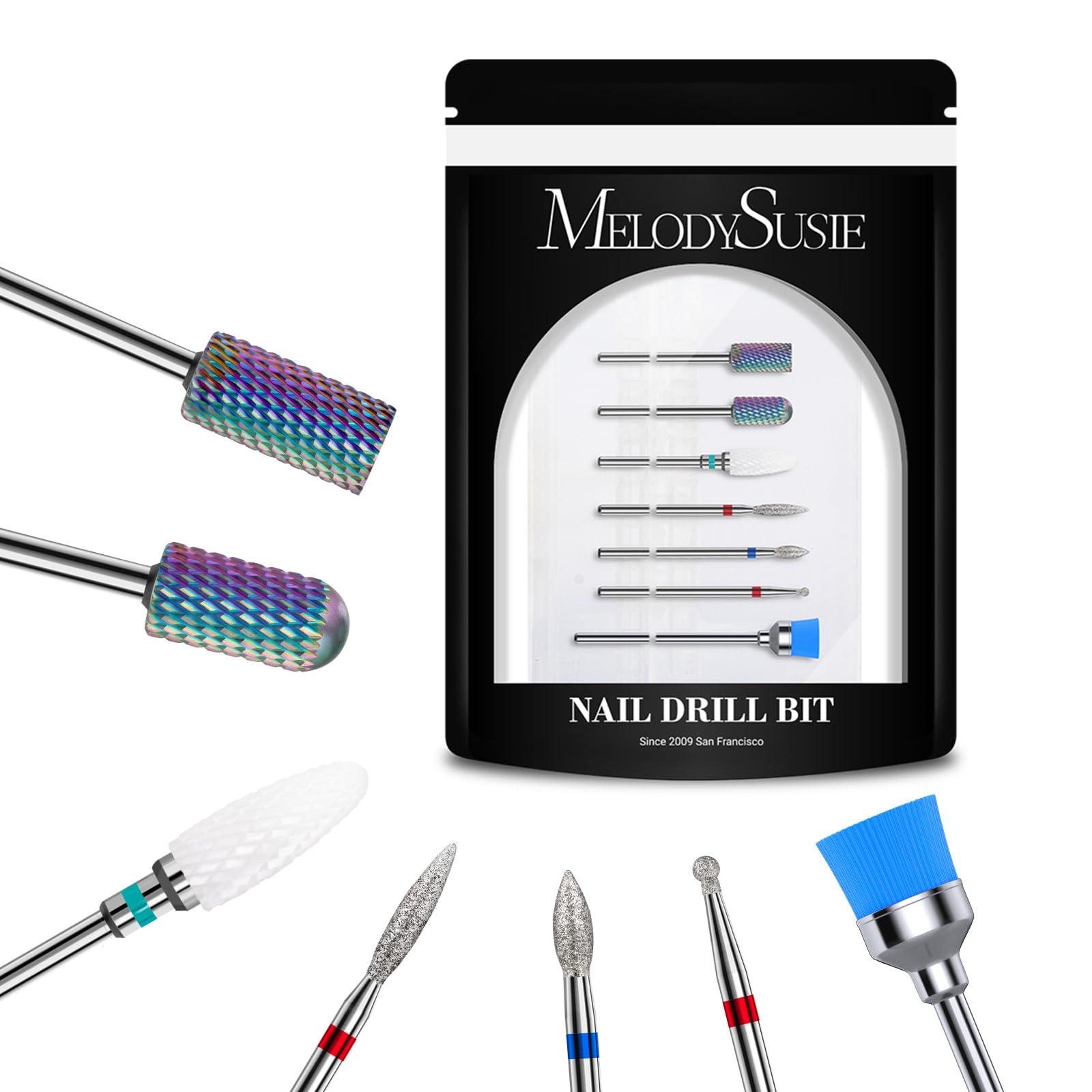 MelodySusie Nail Drill Bits Set, 7Pcs Professional Tungsten Carbide Ceramic Acrylic Nail File Drill Bit for Manicure Pedicure Cu