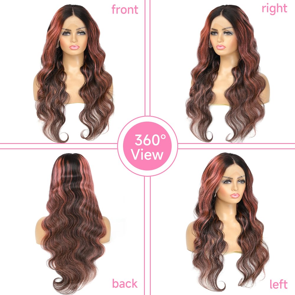 Avolo Ombre Lace Front Wig Human Hair Pre Plucked 13X4 1B/Pink Body Wave Skunk Stripe Pink Highlight Lace Front Wig Human Hair C