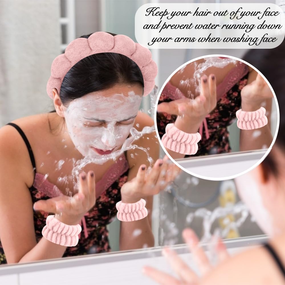 Ahoney 2 Set Spa Headbands For Washing Face And Wristband Set, Skin Care Headband Sponge Facial Skincare Headbands Terry Cloth P