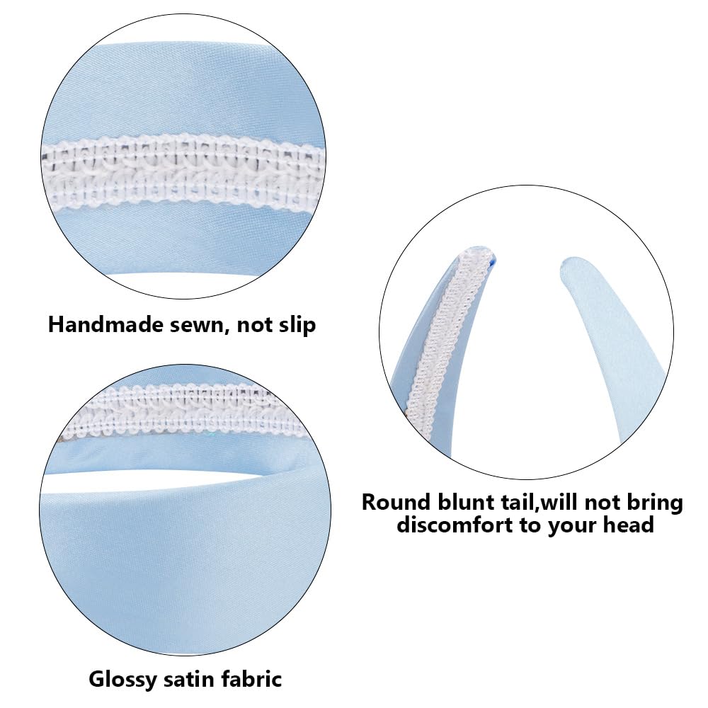 AHONEY Light Blue Headband for Women Girls Satin Silk Headband Non Slip 1.57  Wide Plain Head Band Solid Hair Band DIY Halloween