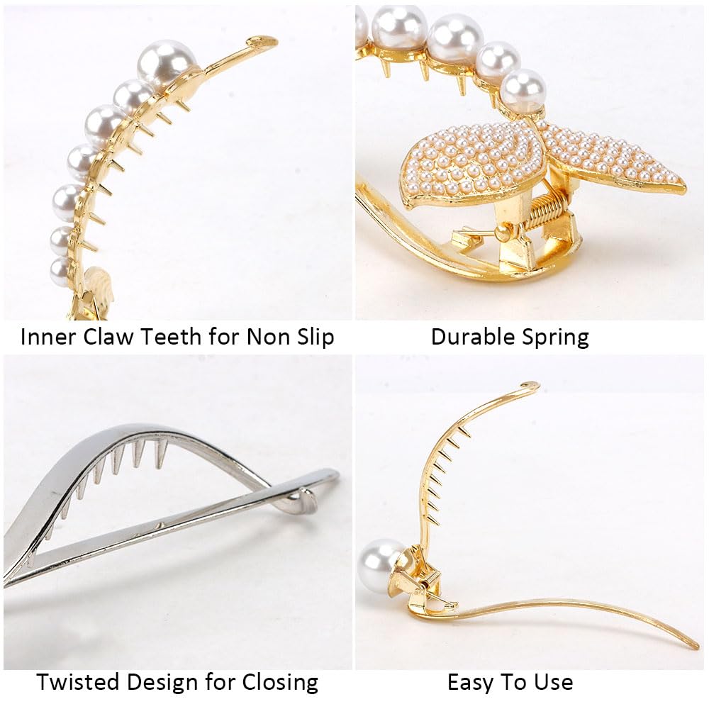 Ahoney 4 Pack Pearl French Hair Clips Fishtail Twist Hair Clip For Thich Hair Metal Hair Pin Banana Clips Gold Claw Clips Flat H
