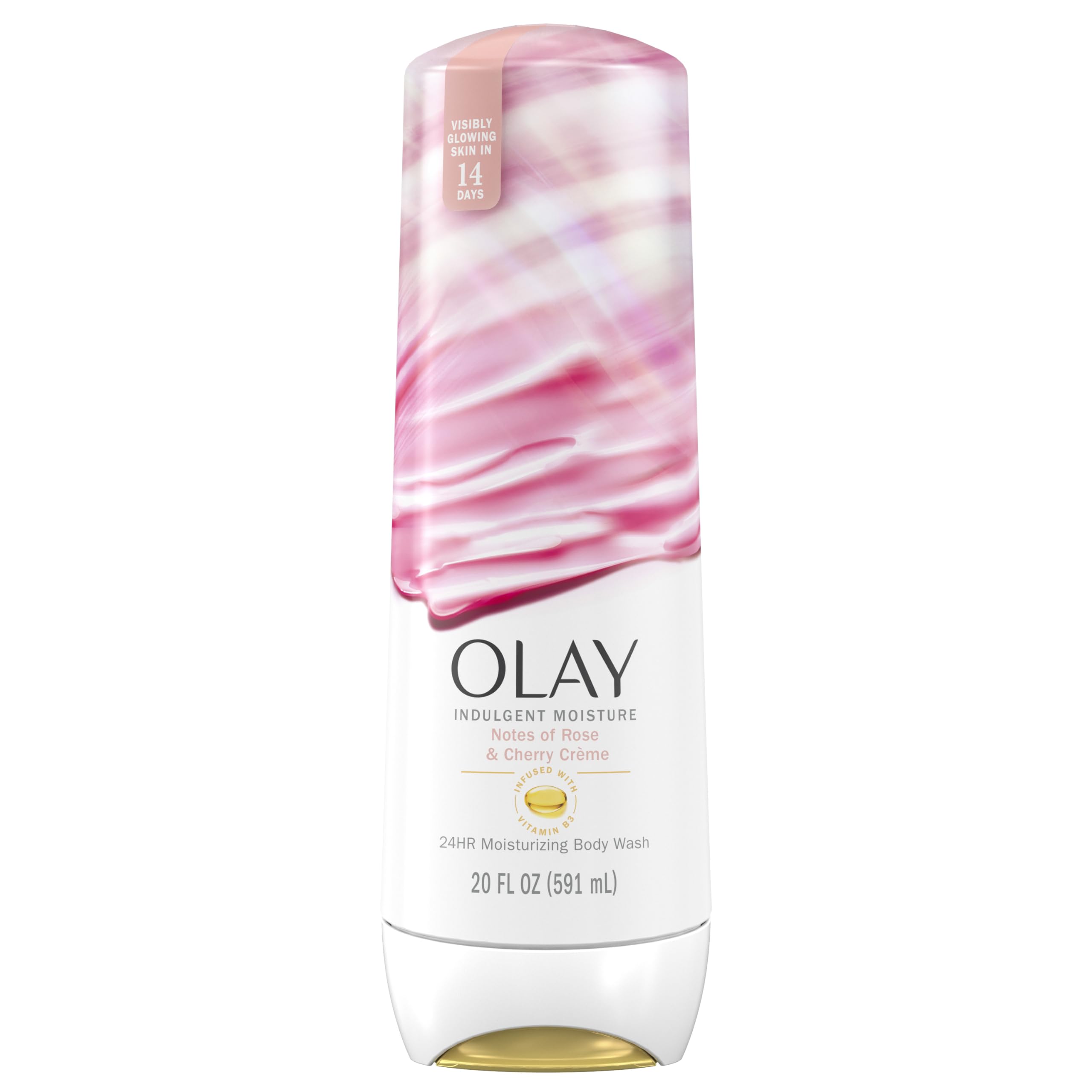 Olay Indulgent Moisture Body Wash for Women, Infused with Vitamin B3, 24hr Moisture, Notes of Rose and Cherry Creme Scent, 20 fl