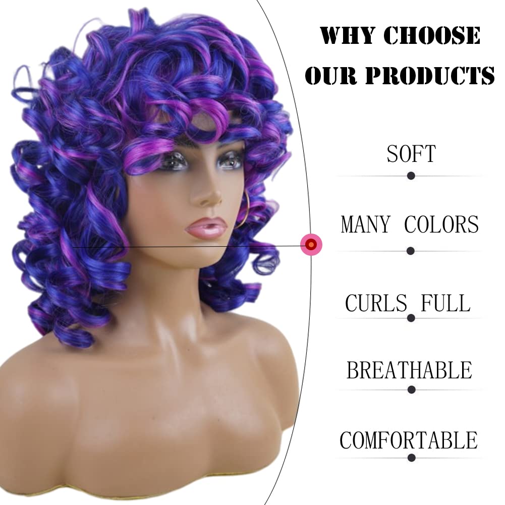 Andromeda Short Curly Wigs For Black Women Soft Mixed Blue Purple Big Curly Wig With Bangs Cute Loose Curly Cosplay Party Daily