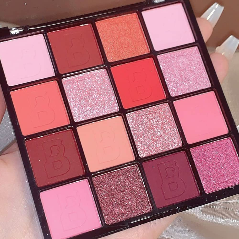 Yeweian Pink Red Eyeshadow Palette, 16 Colors Pink Glitter Matte Eyeshadow Blush Palette, Korean Eyeshadow Palette Makeup, Water