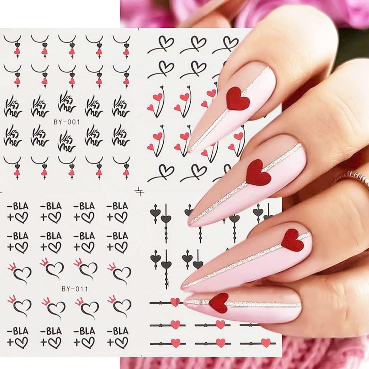 Valentine'S Day Nail Art Stickers Black White Heart Water Transfer Nail Decals Flowers Cupid Hollow Heart Romantic Design Nail A