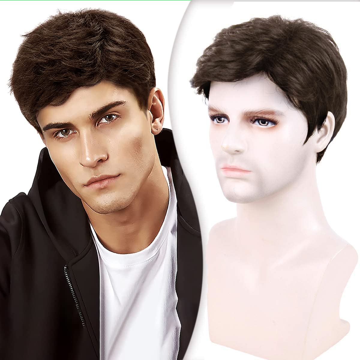 Creamily Mens Short Brown Wig Mens Curly Wigs Layered Natural Fluffy Synthetic Hair Wig Heat Resistant Halloween Costume Cosplay