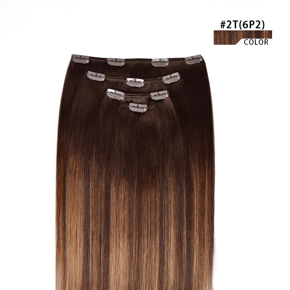 16'' Clip In Hair Extensions Remy Human Hair Brown Balayage For Women - Silky Straight 100% Real Human Hair 55Grams 4Pieces #2T(