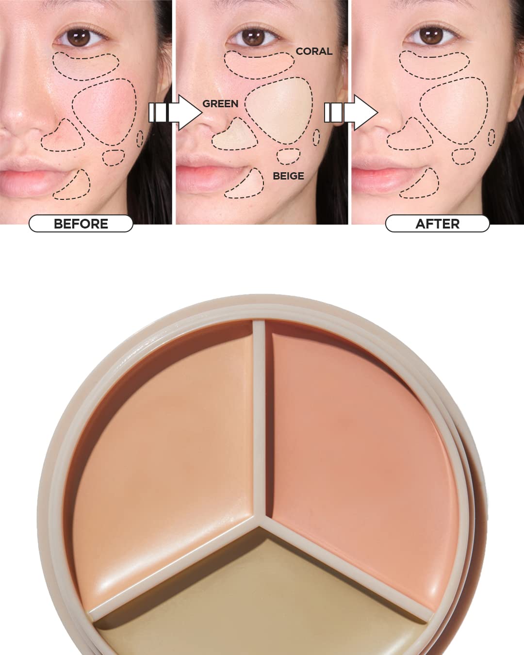 The Saem Cover Perfection Triple Pot Concealer - 3 Color Concealer With Clear Beige, Green & Peach Shades - Full Coverage Concea
