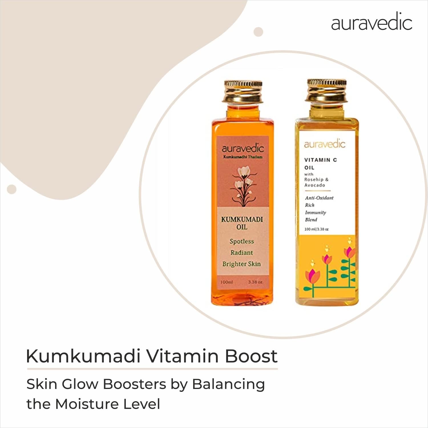 Auravedic Kumkumadi Saffron & Vitamin C Oil | Hydrating Face Moisturizer | Helps Reduce Fine Lines & Nourishes Dry, Dull Skin |