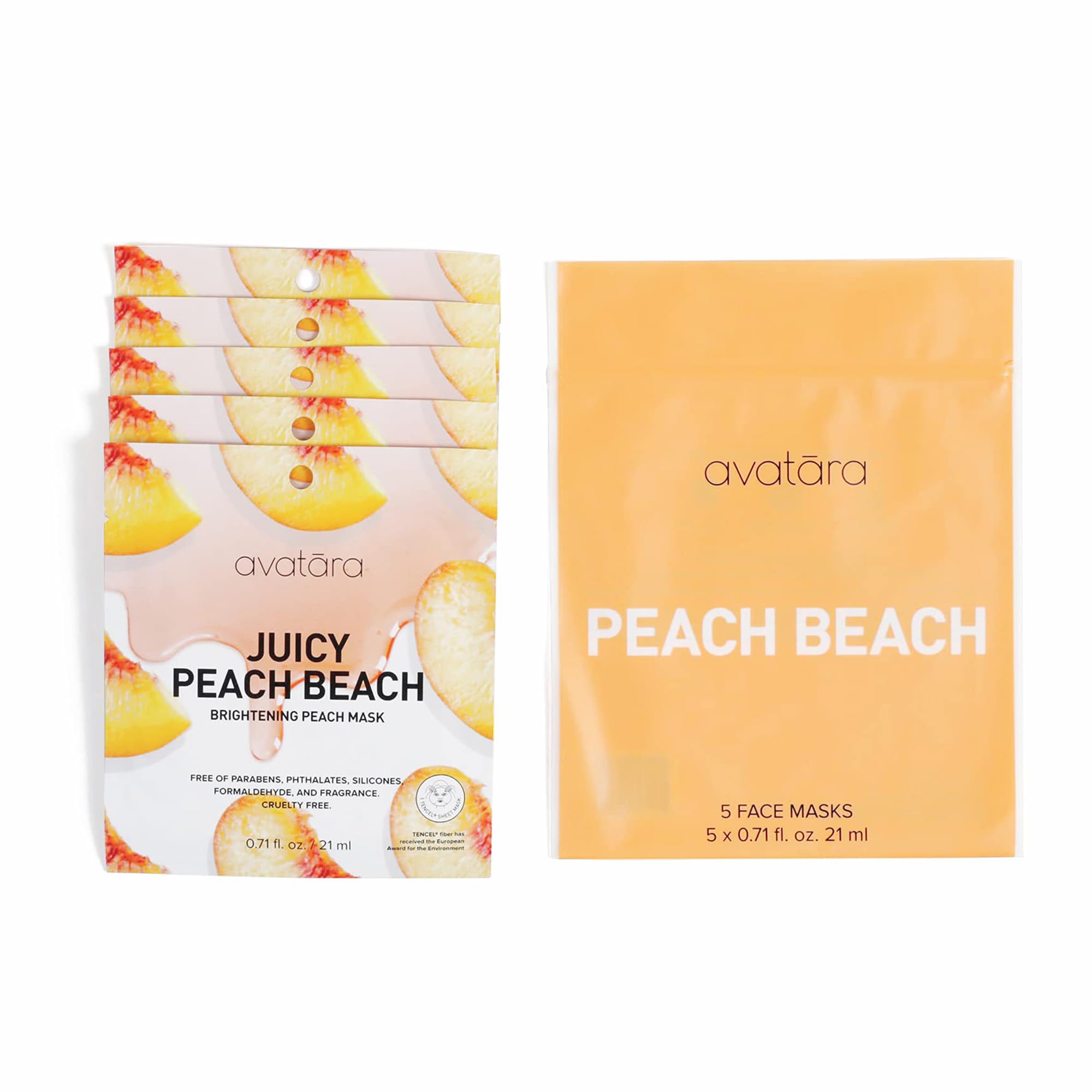 Avatara Juicy Peach Brightening Facial Mask 5 Sheets, Beauty And Skincare Sheet Masks With Peach Extracts, Hyaluronic Acid And C