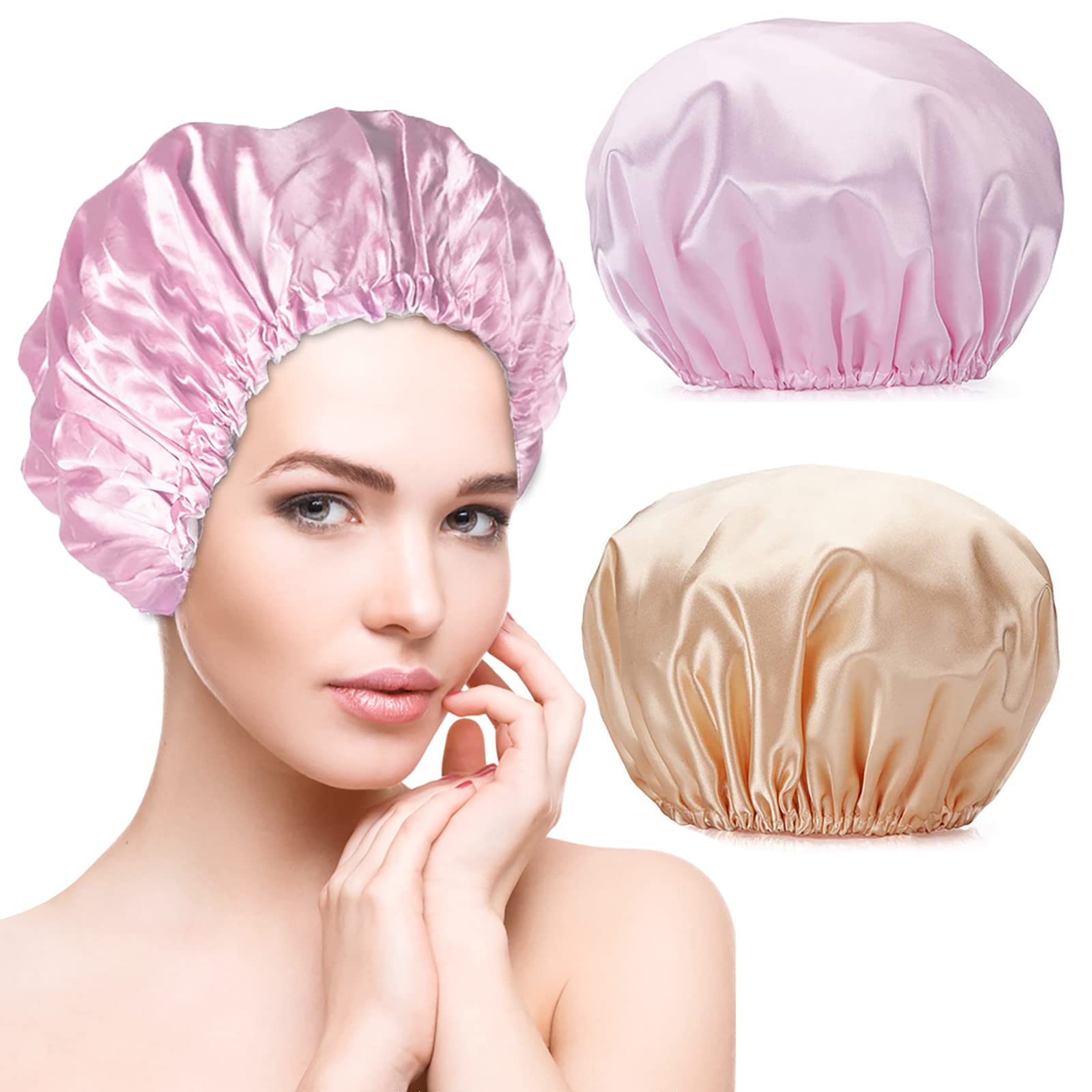 Smilco 2 Pack Large Shower Caps For Women 12.6 Inch Reusable Waterproof Shower Cap, Eva Hair Caps Double Layers Shower Cap For W