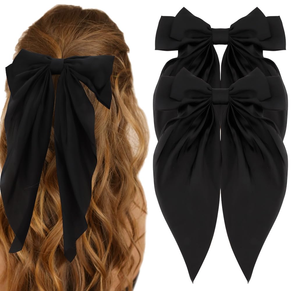 ATODEN Black Hair Bow Silky Satin Large Hair Bows 2Pcs Big Hair Bows Hair Ribbons Oversized Long Tail Bows Hair Barrettes Ribbon