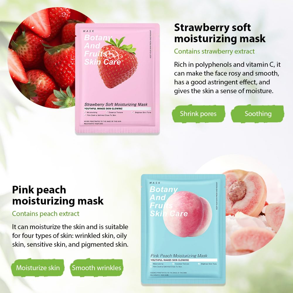 6 Pcs Real Nature Hydrating Strawberry Cherry Peach Face Mask Skincare, Hyaluronic Acid, Vitamin C And E, Chamomile, Korean Beau
