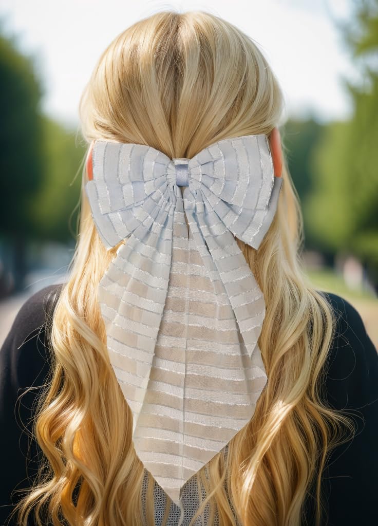 Furling Pompoms Hair Clip - Hair Bow Clip For Women, 6 Pieces, Large Hair Bows With Long Tail Tulle Striped And Ribbon Bows, Sui